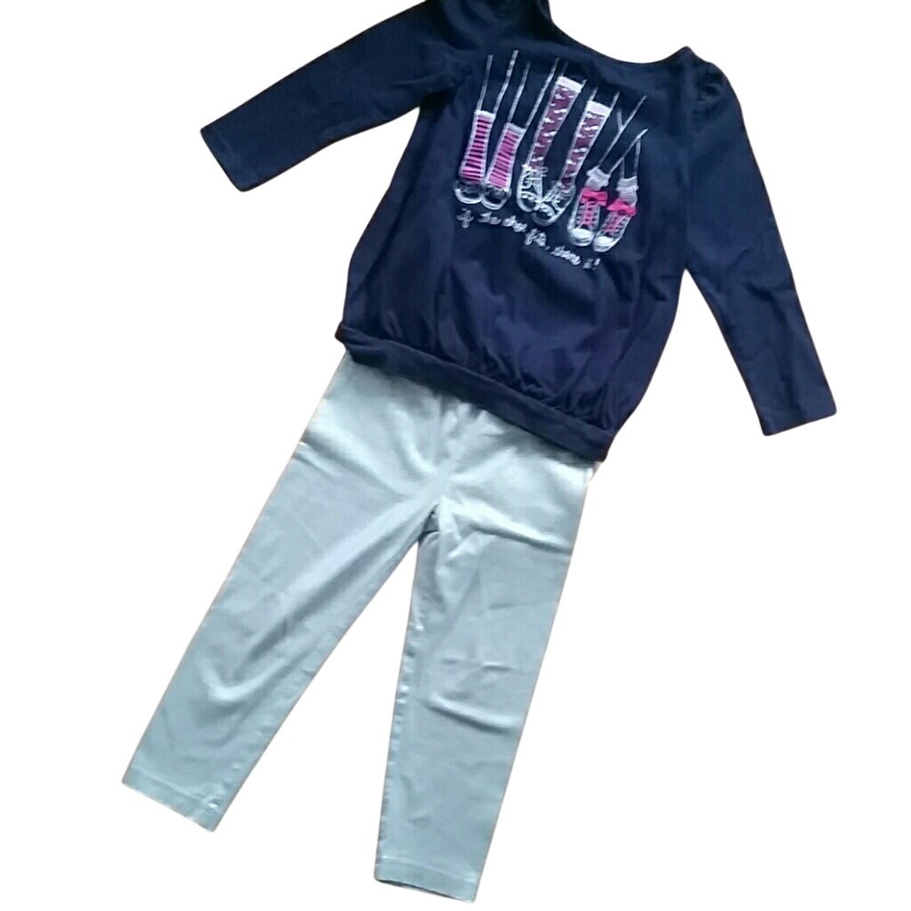 Gymboree Girls Shoe Lover‎ Long Sleeve Navy Top with Healthtex Metallic Leggings